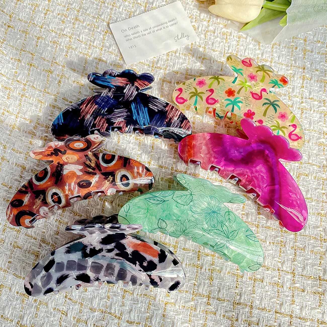 4.3″ Bird Pattern Print Large Vintage Hair Claw Clip Non-Slip Flamingo Yellow