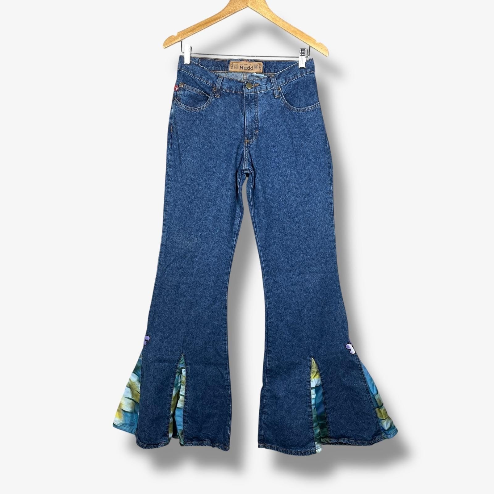 Mudd Flare Jeans Womens 7 Blue Y2K Boho Tie Dye Inset Splatter Denim Retro NWT