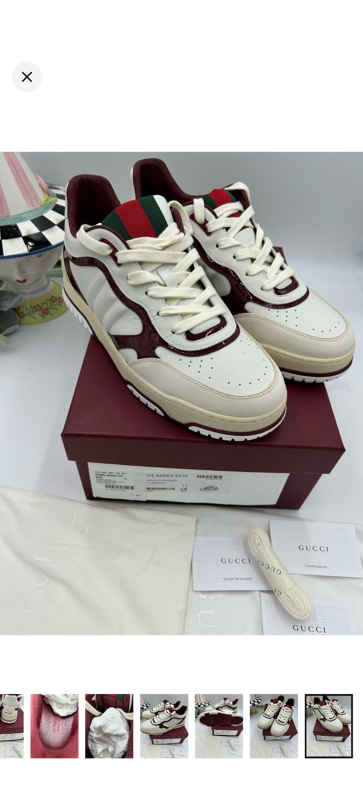 Men’s Gucci re-web sneakers in white leather and patent trim size 11 fits 12 US
