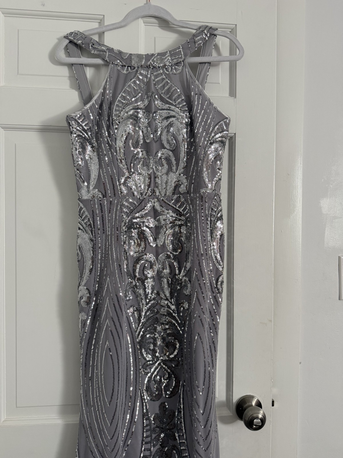 Brand New (NWT) Silver Sequin Formal Gown Floor Length Halter Neck, Size 8