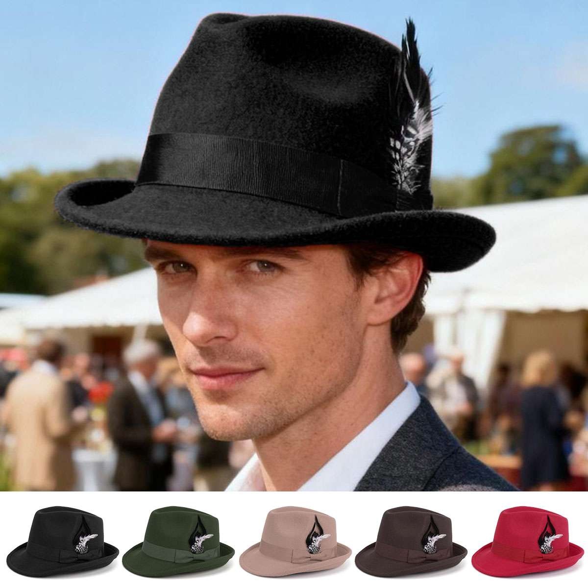 Classic Fedora Hats for Men Women Short Brim Felt Feather Hat Panama Dress Hat