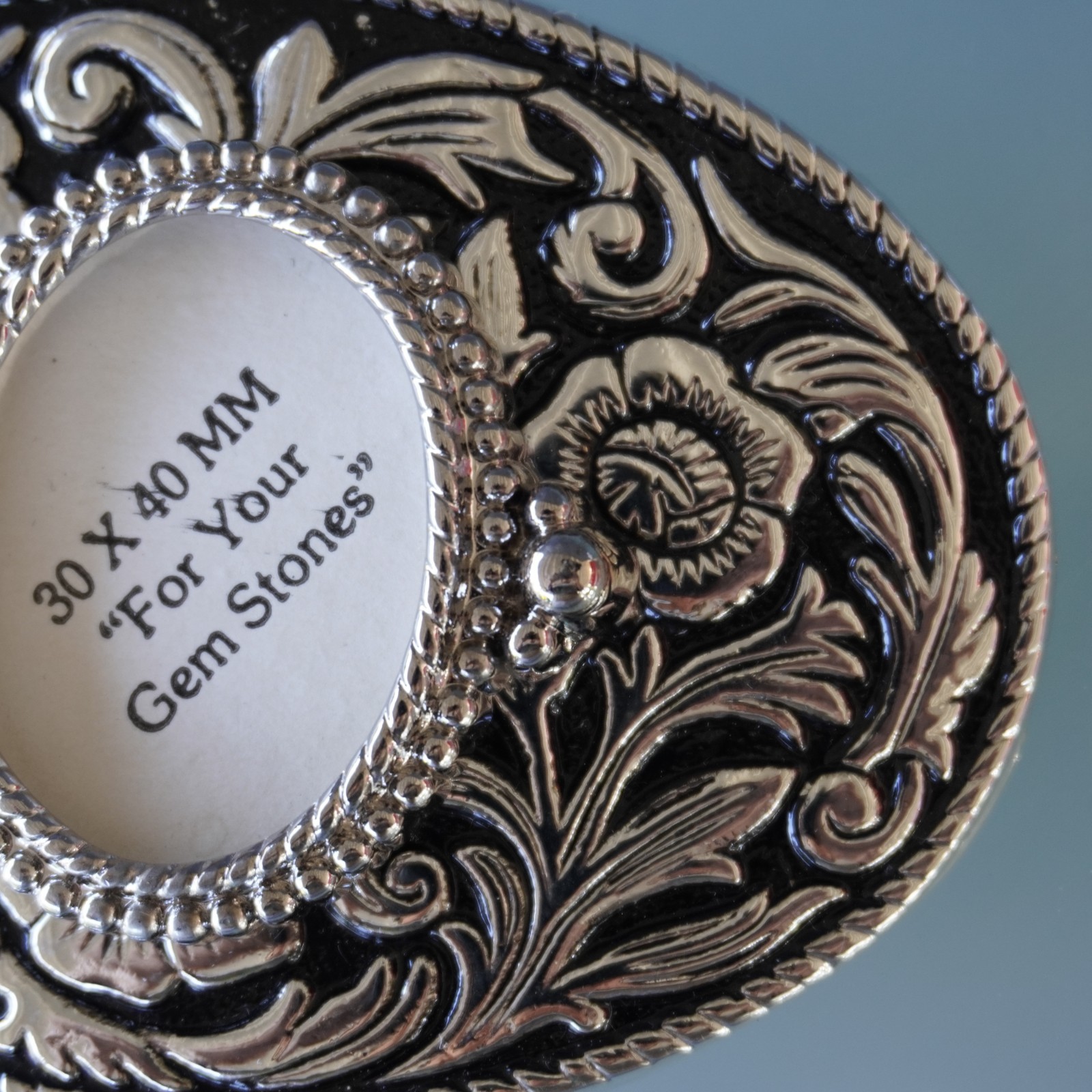 Vintage Western Belt Buckle Blank 30x40mm Cabochon Frame Floral Silver Made in U