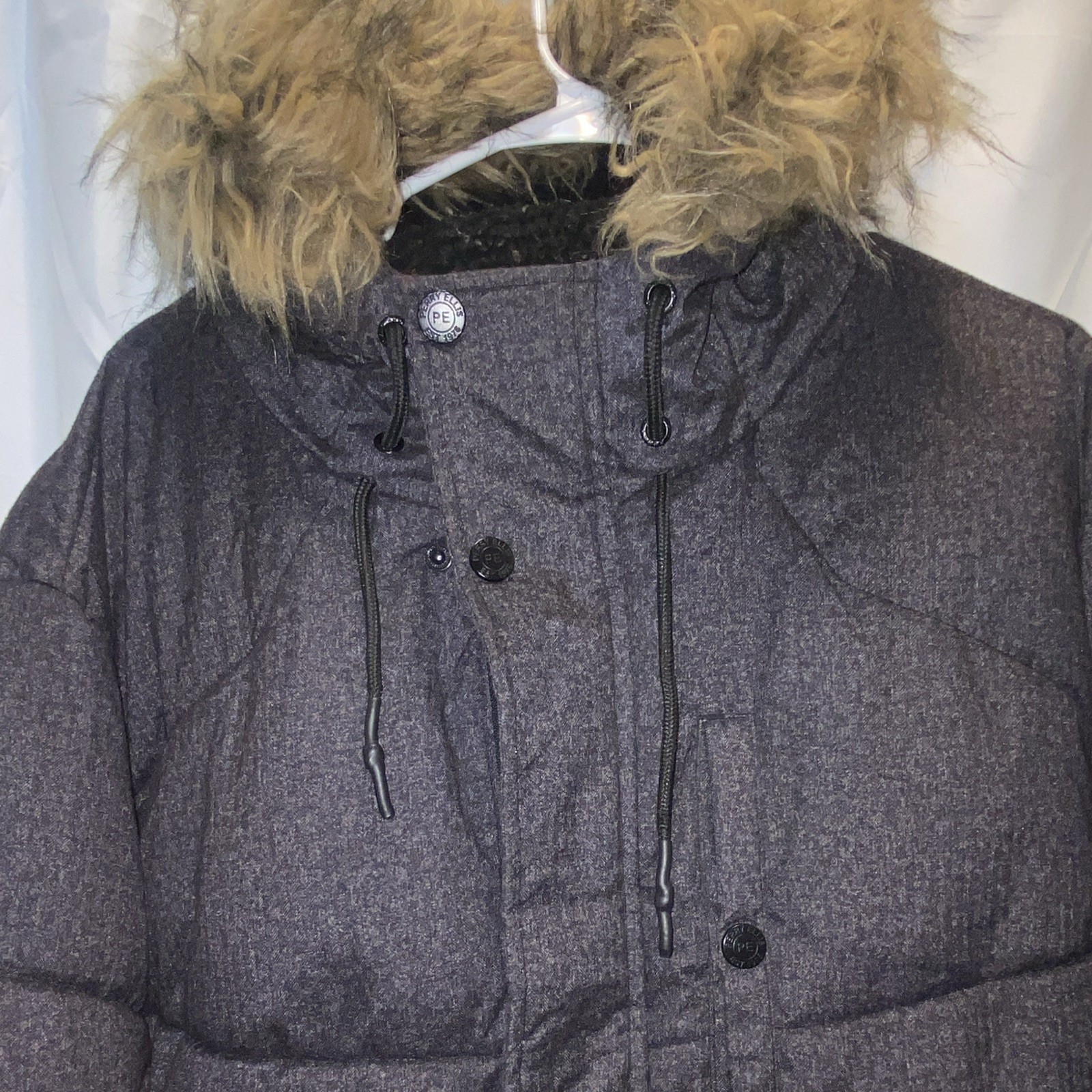 Perry Ellis Portfolio Men’s XXL Gray Hooded Puffer Jacket Full Zip Fur Trim
