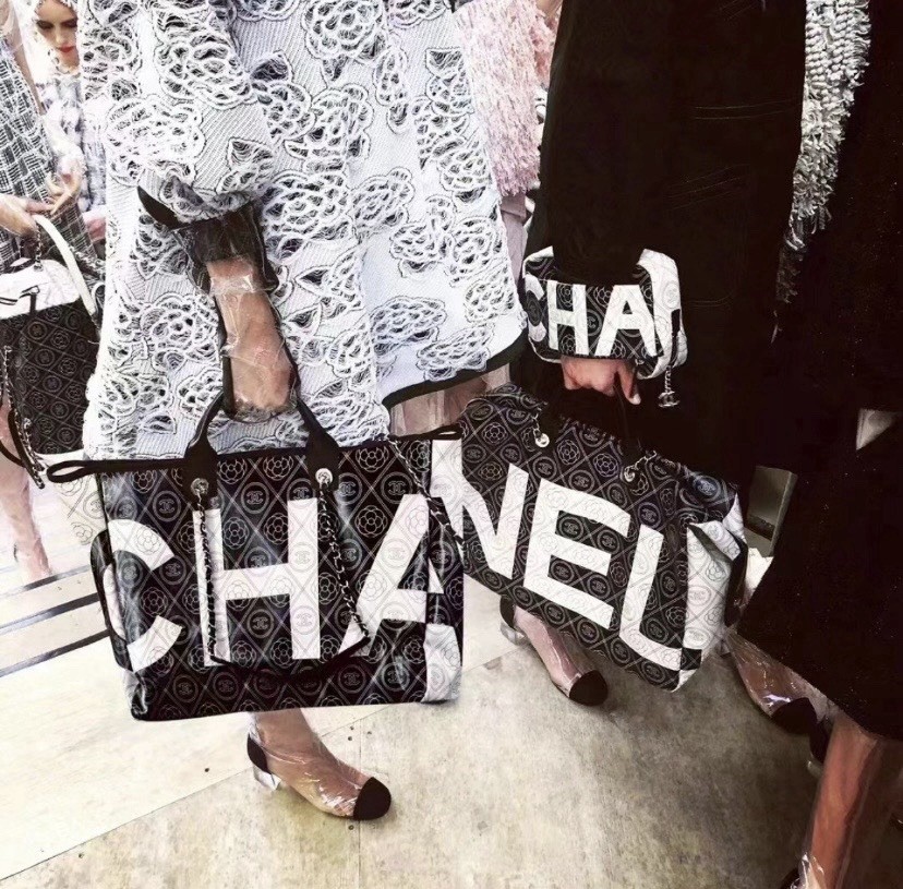 CHANEL Large Deauville Camellia Shopping Coated Canvas Tote Bag Black Beige✨