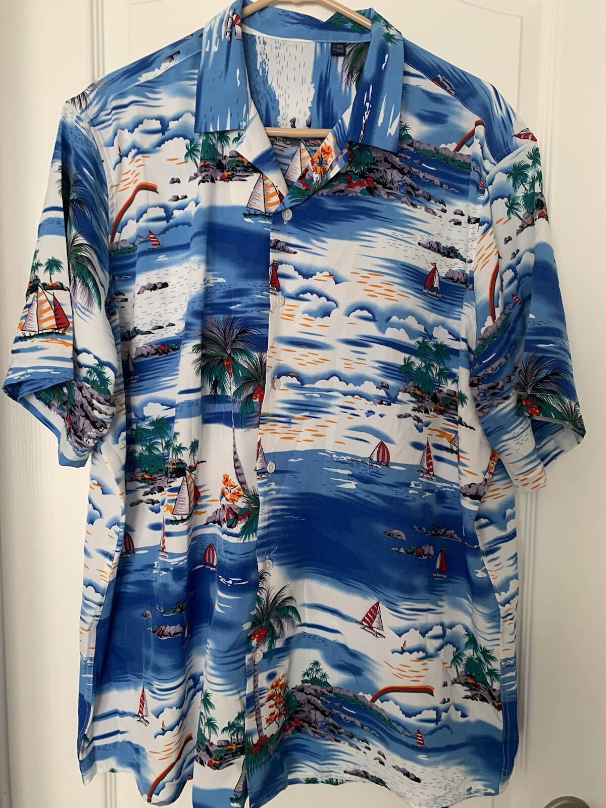 Men’s 2XL Sailing Sailboat Hawaiian Camp Short Sleeve Button Shirt Blue B11-4