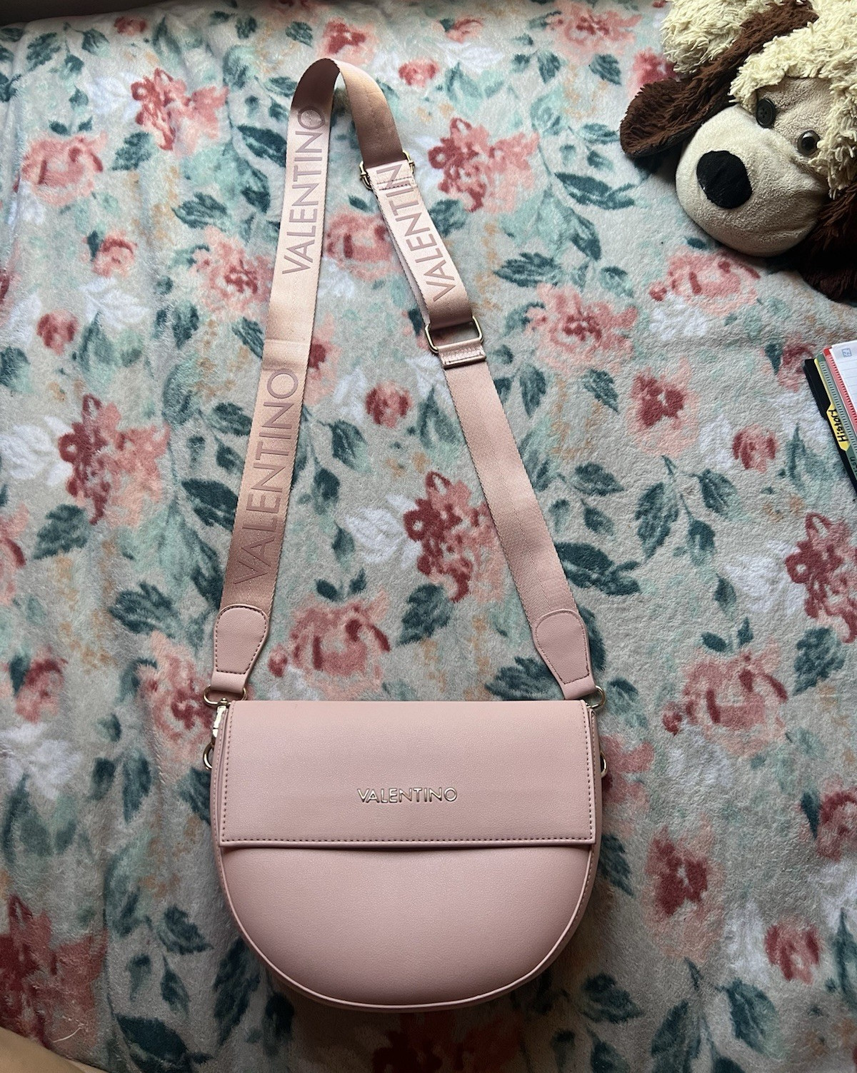Valentino Pink Half Moon Crossbody Bag Logo Pattern Adjustable Strap Gold HW