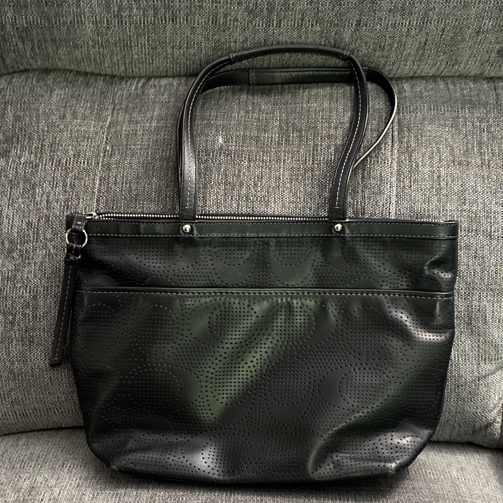 Coach Black Perforated Zip Tote, Detachable Strap, Lined, Inner Pockets