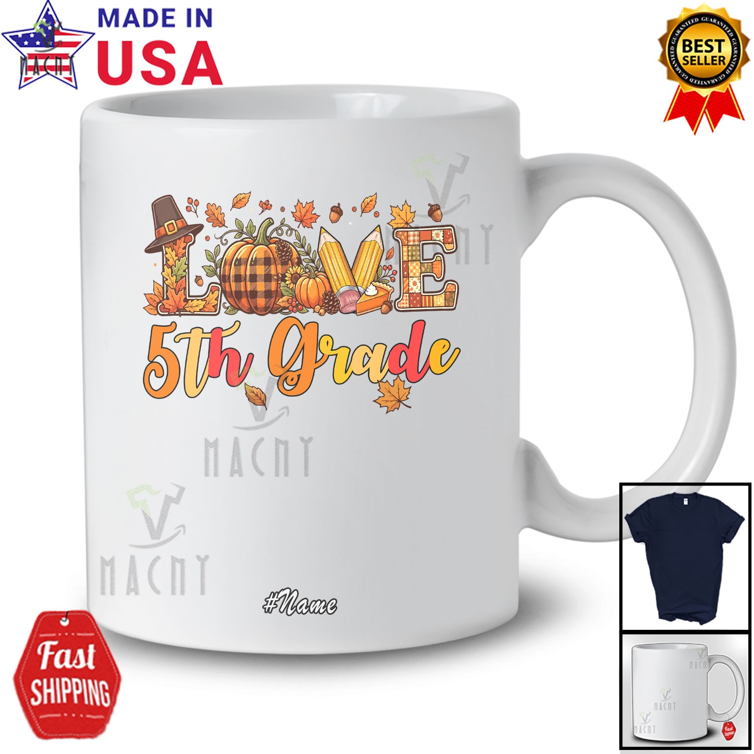 Custom Name LOVE 5th Grade; Thanksgiving Pumpkin Pencil; Teacher Students Shirt