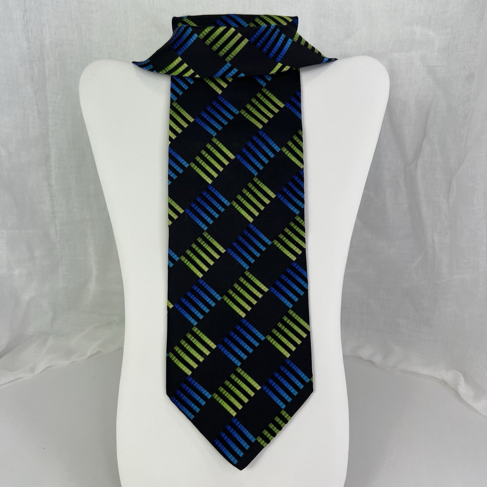 Pavone Italy Men’s Tie 100% Silk In Black/ Neon Blue Green Geometric Outings