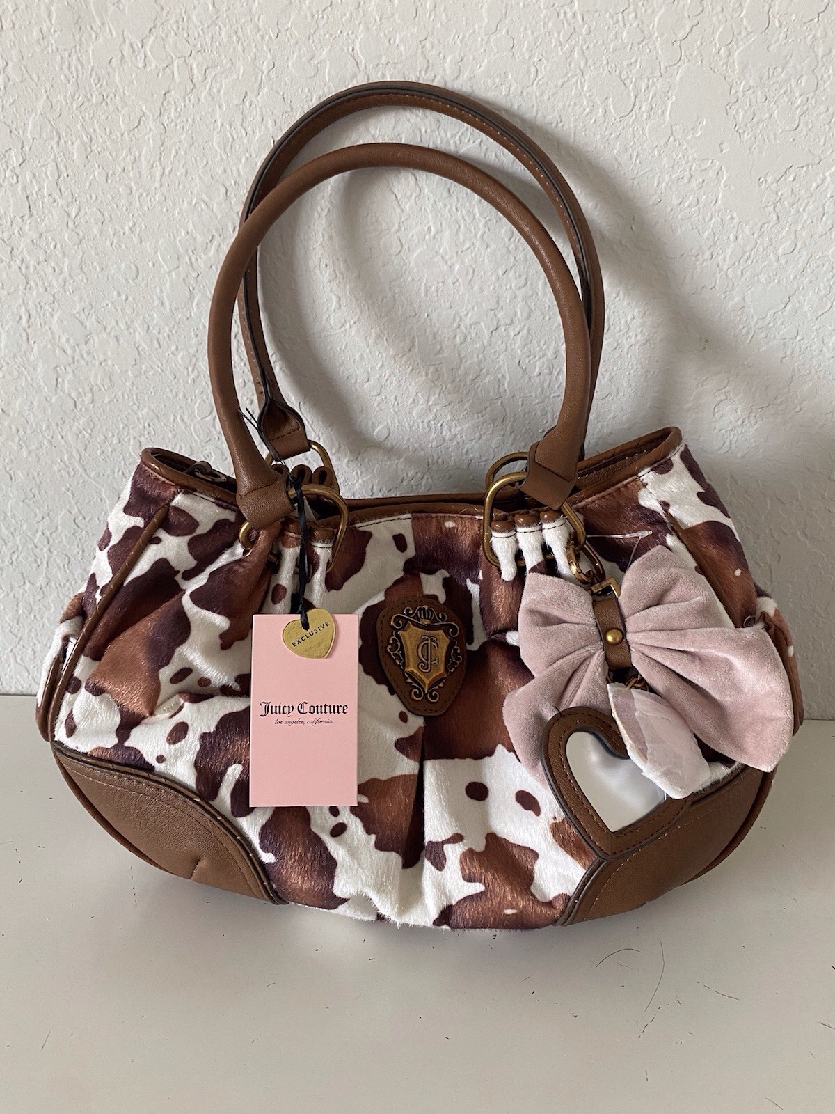 Juicy Couture Romance Cow Print Satchel In Saddle Brown W/Charm Viral NEW