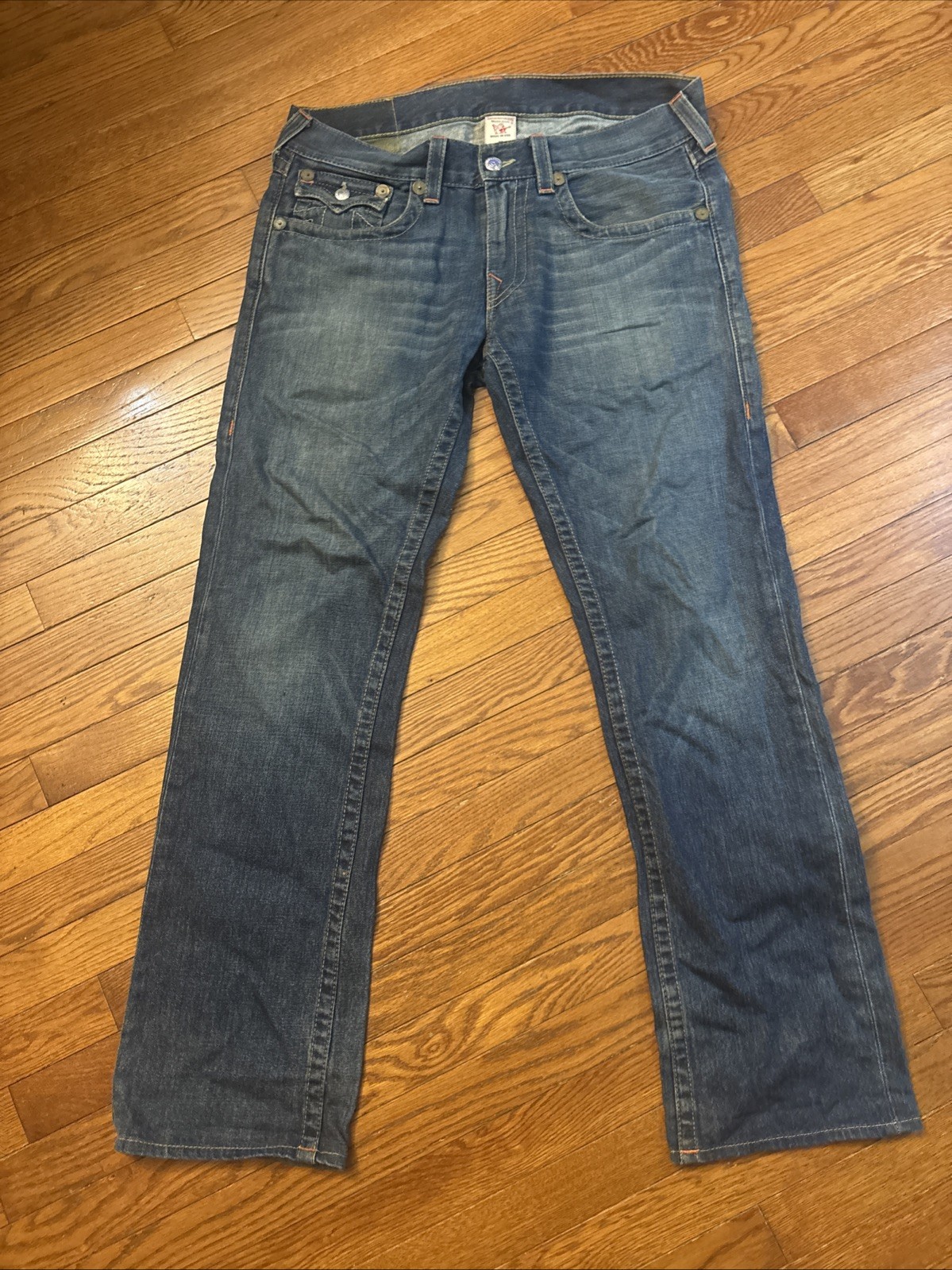 True Religion Straight Leg Blue Denim Jeans Stitching Logo Men’s Made USA Vtg