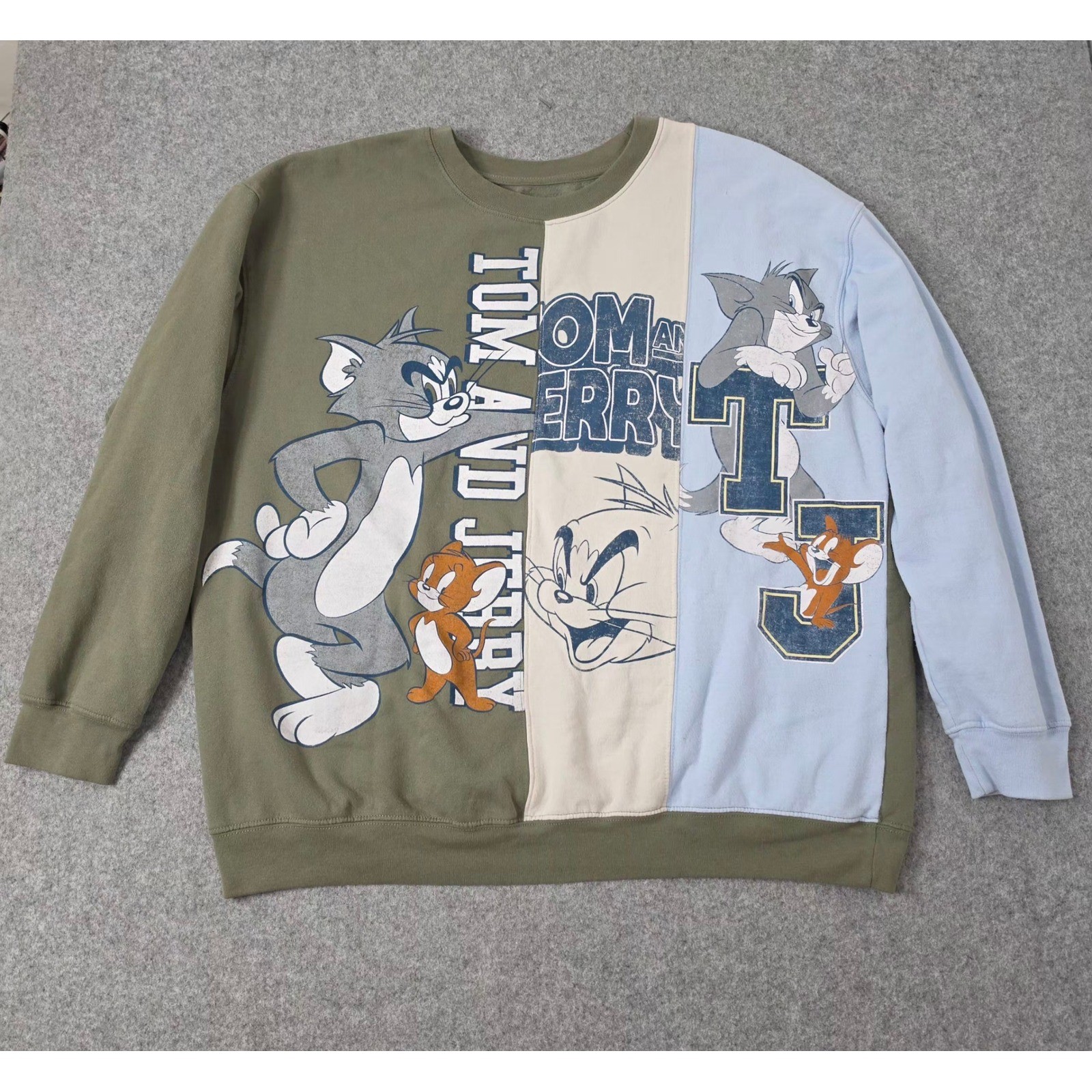 Tom and Jerry Colorblock Graphic Sweatshirt Men 3XL Green Artichoke Cartoon Y2K