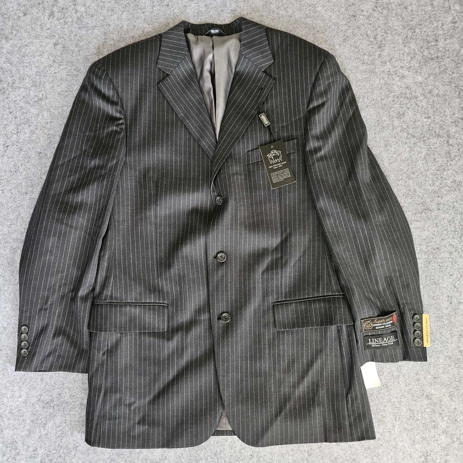 Lineage Mens Charcoal Pinstripe 2-Piece Suit 42L 34×35 Super 110s Merino Wool
