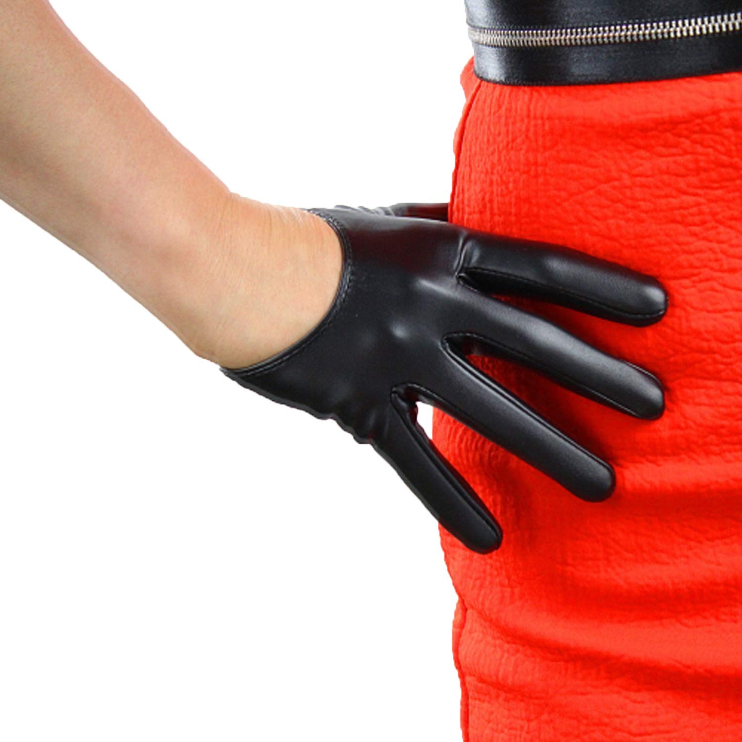 DooWay Women’s Black Half Palm Leather Gloves 13cm 5″ Extra Short Faux PU for