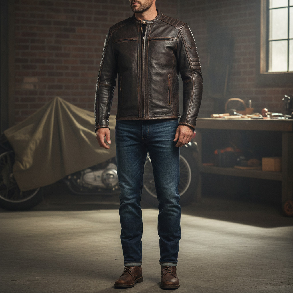 Men’s Distressed Brown Real Leather Motorcycle Biker Jacket Cafe Racer Vintage