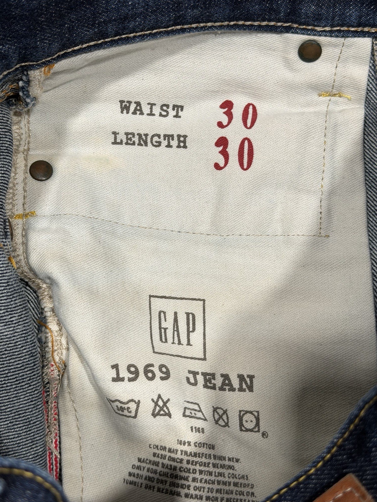 Gap 1969 Selvedge Jeans Men 30×30, Denim Blue, Button Fly, Made in Italy