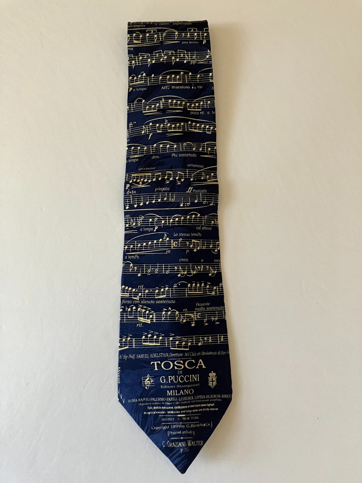 MUSEUM ARTIFACTS Men’s Navy Gold Tosca Opera Music Notes Silk Tie Classic 58″