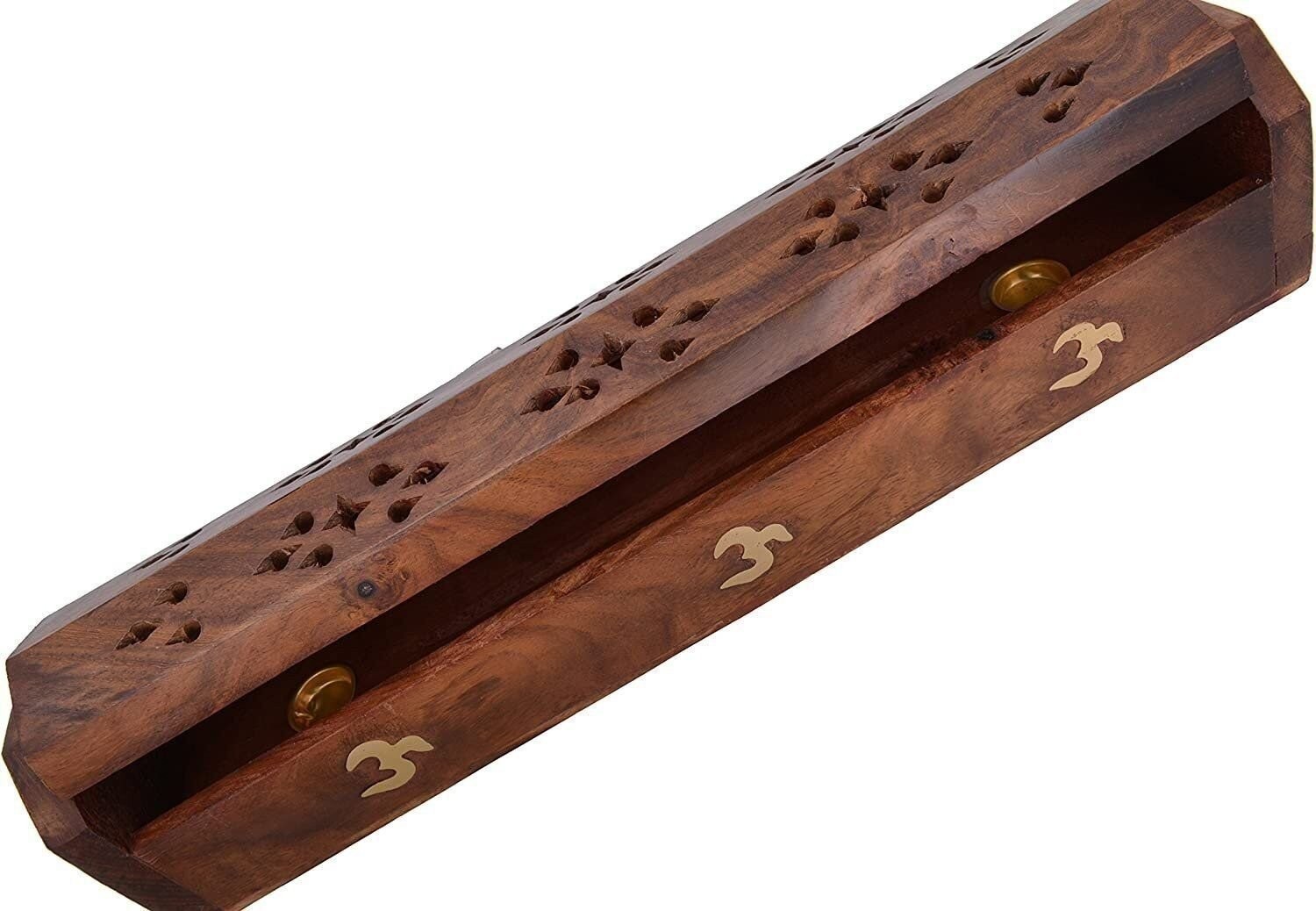Cavelio ® Rose Wooden Coffin Incense Burner – Jali and Om 12″ – Brass Inlays…