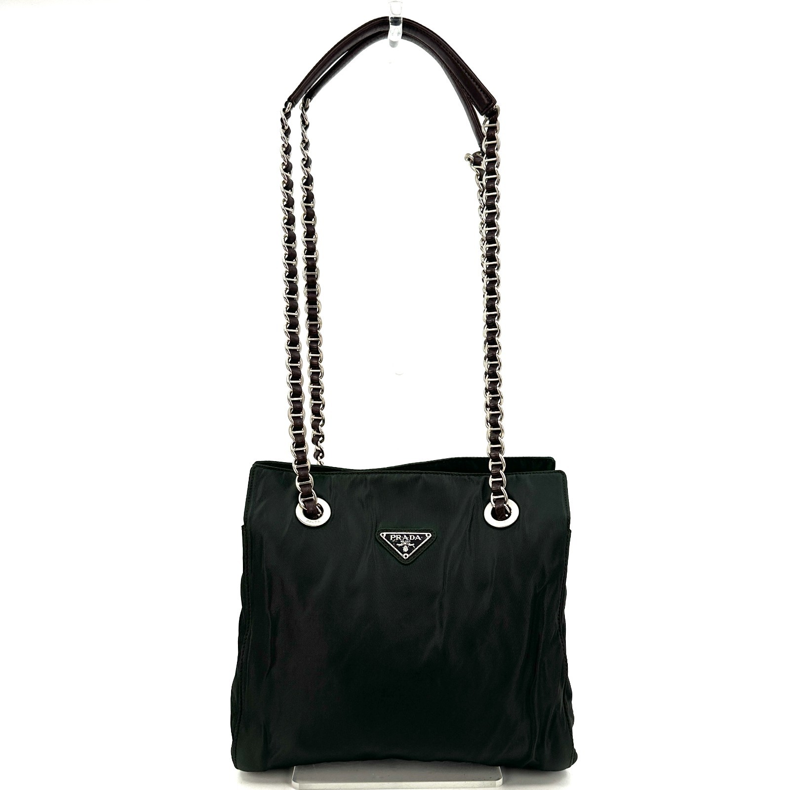 PRADA Shoulder Bag Cain Nylon Leather Green Khaki Triangle Logo Plate Black Auth