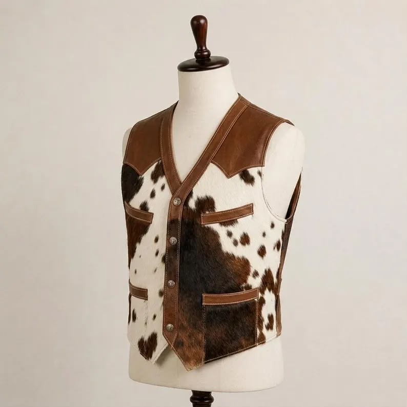 Handmade Cow Hide Leather Vest Brown White Yoke Snap Cowboy Waistcoat