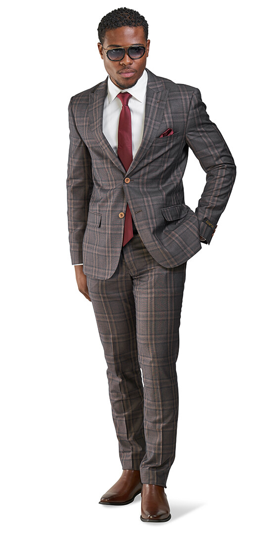 Slim Fit 2 Button Bronze Windowpane Plaid Mens Suit Peak Lapel 35071 AZARMAN
