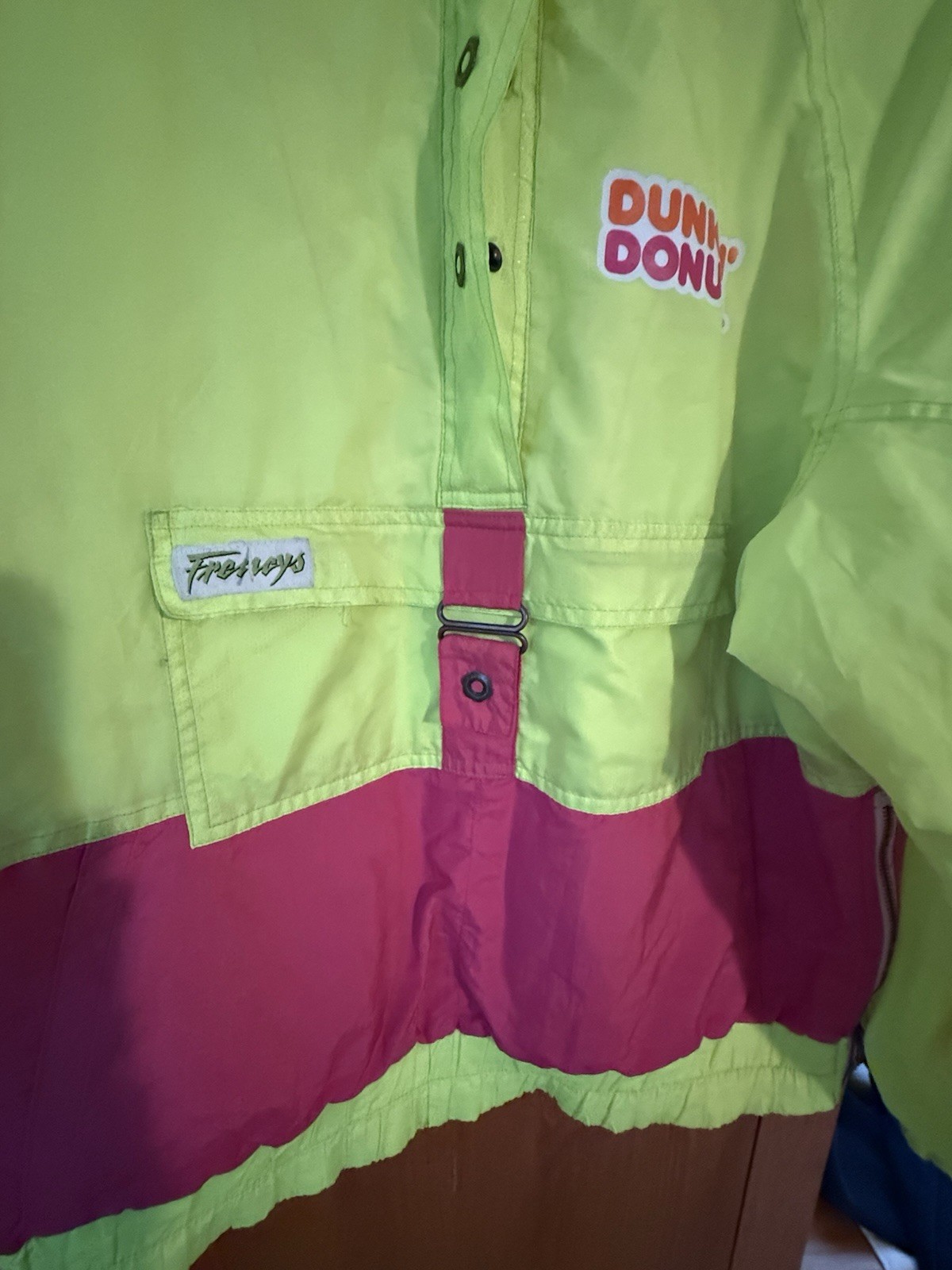 Vintage Dunkin Donuts Jacket Neon Yellow 90s Popup Windbreaker Size Large