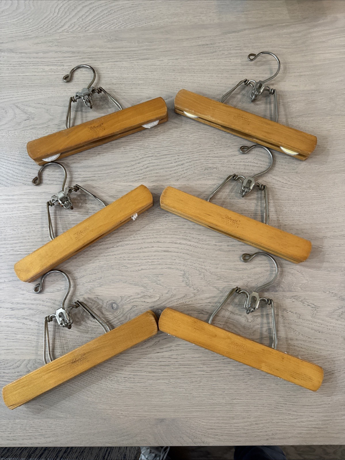 Lot of 6 Setwell 10.25” Wooden/Metal Clamp-Style Pant Hangers, 1940-50’s PO-VG++
