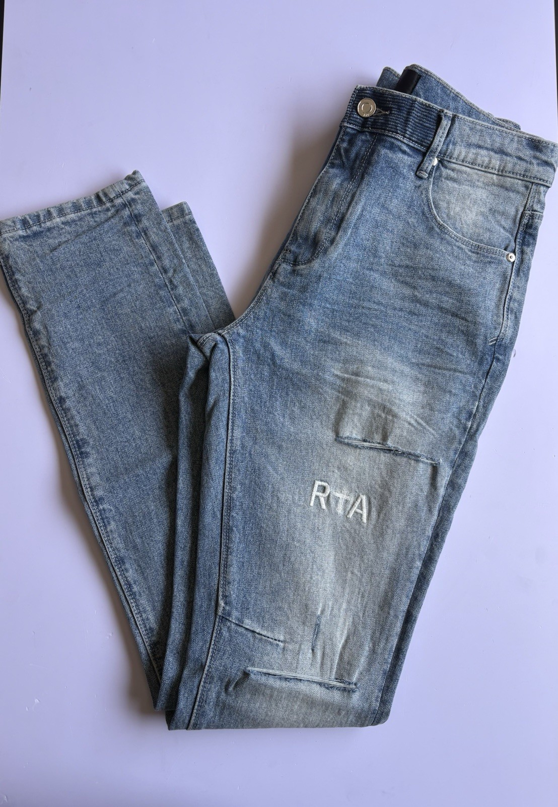 RTA Men’s Light Blue Distressed Jeans Size 32 Luxury Designer Streetwear