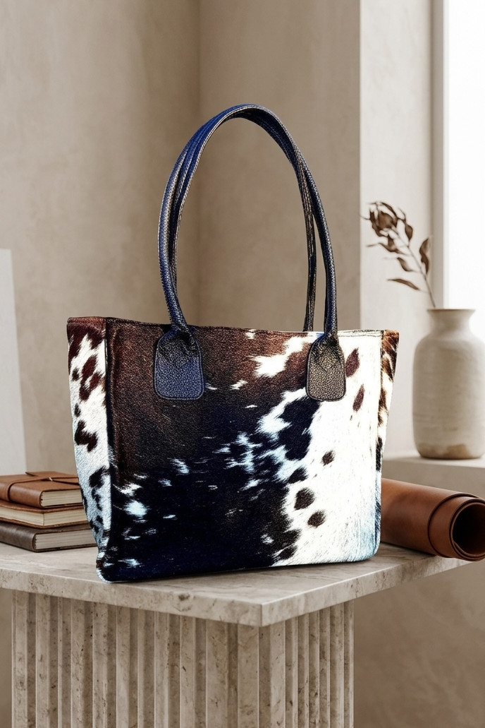 Genuine Black and White Cowhide Tote Bag | Real Fur Leather Handbag