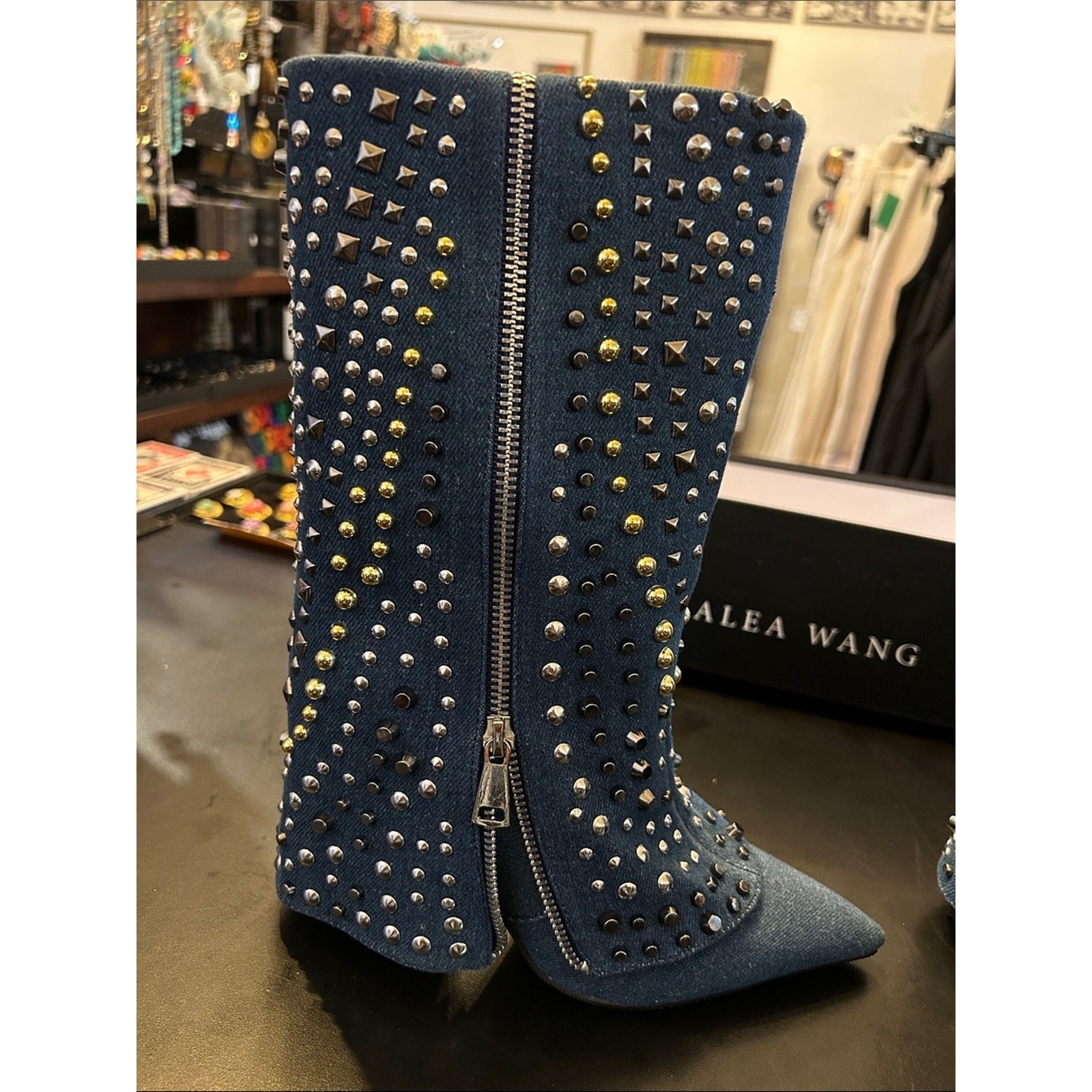 Azalea Wang Studded Denim Mid-Calf Boot – Blue with Mixed Metal Studs