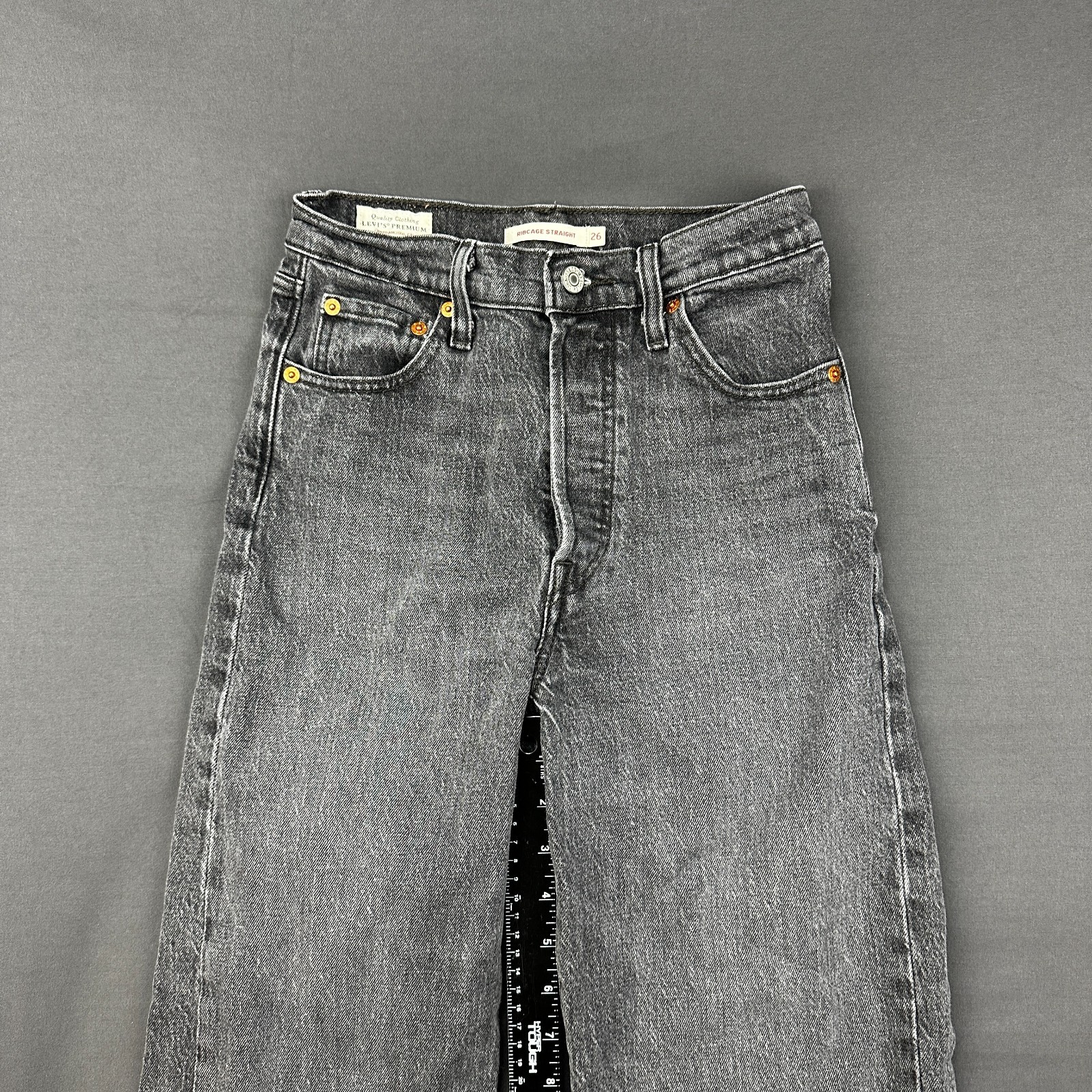 Levis Ribcage Ankle Jeans Womens 26 Gray Denim Cotton Straight Leg Frayed Hem