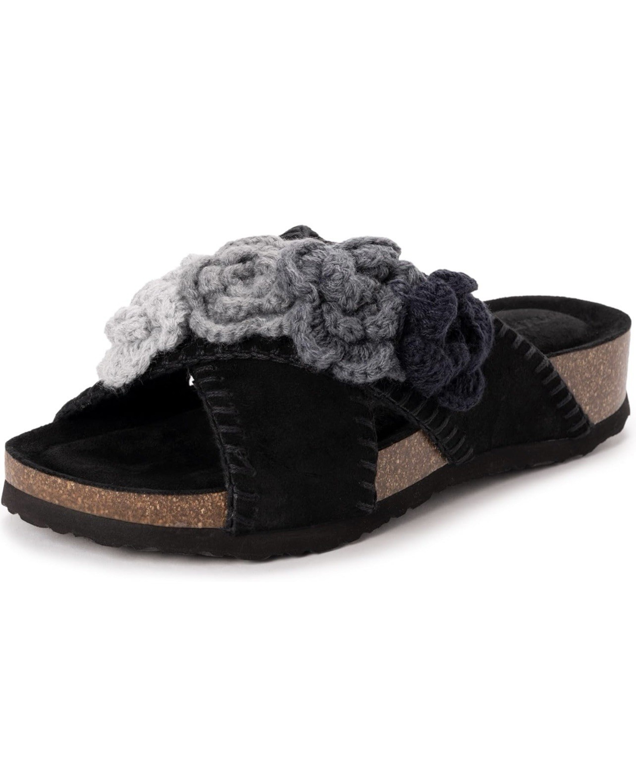 MUK LUKS Crochet Flower Suede Penelope Slide Sandals Black Gray Women’s Size 8