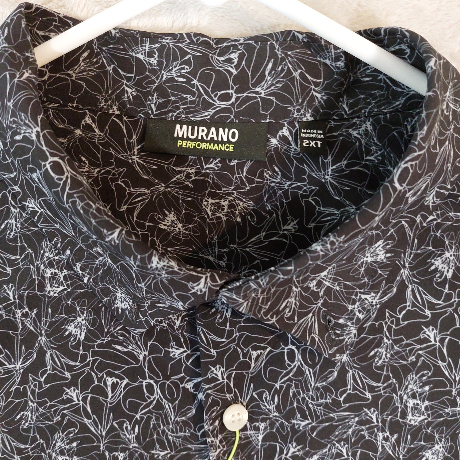 Murano Performance Tall Man Button Down Shirt Black White Floral Print 2XT