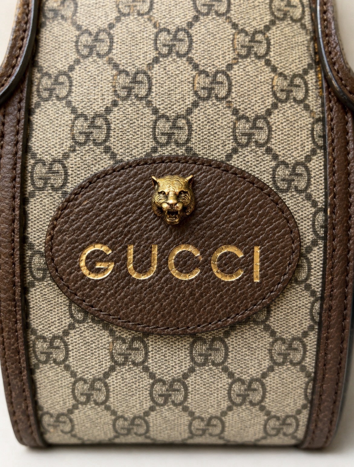 Gucci GG Pattern Web Stripe Tote Bag Zip Top Handle Beige Brown Gold