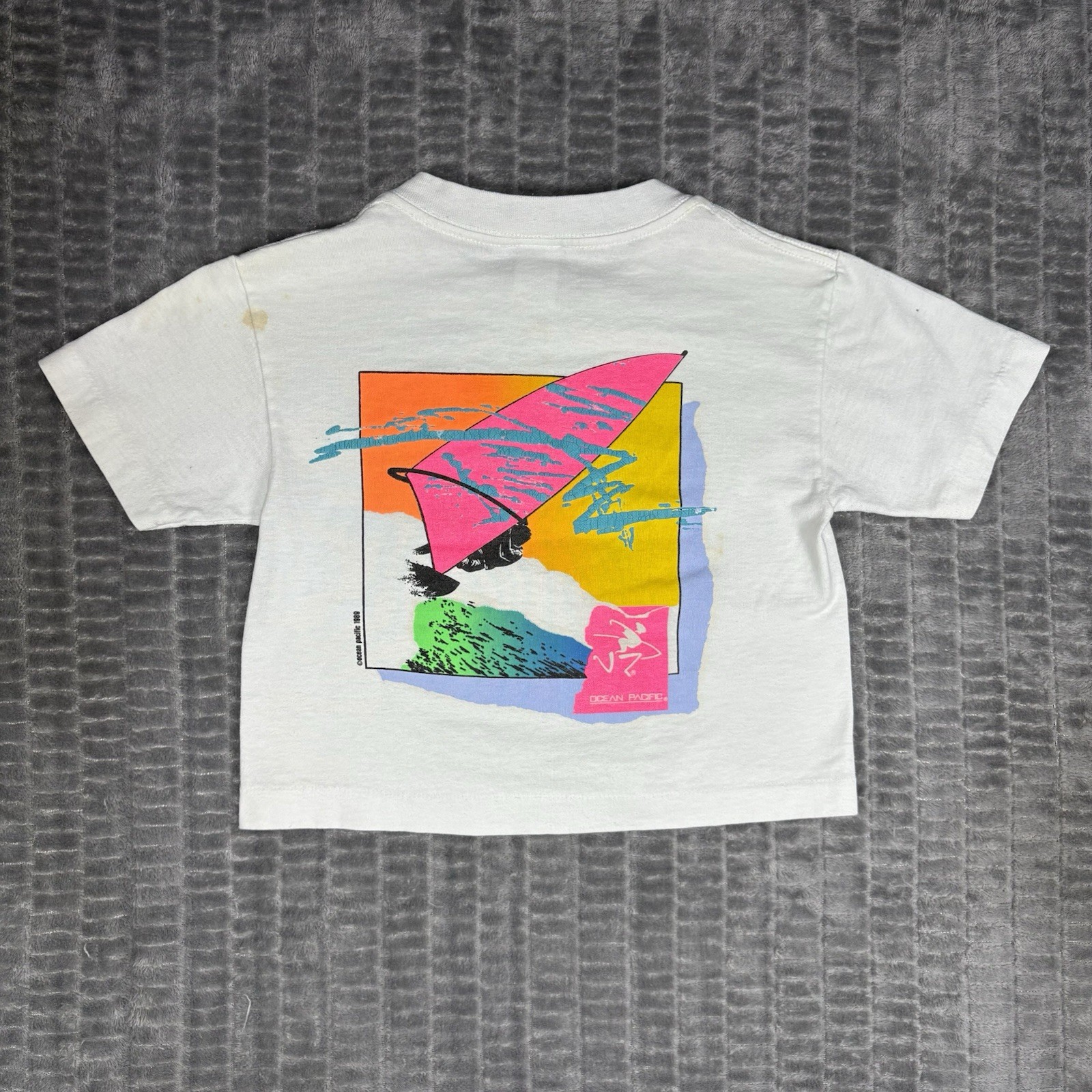 Vtg 1989 Ocean Pacific Op Surf T Shirt Crop Top Neon Windsurfing Made in USA SM