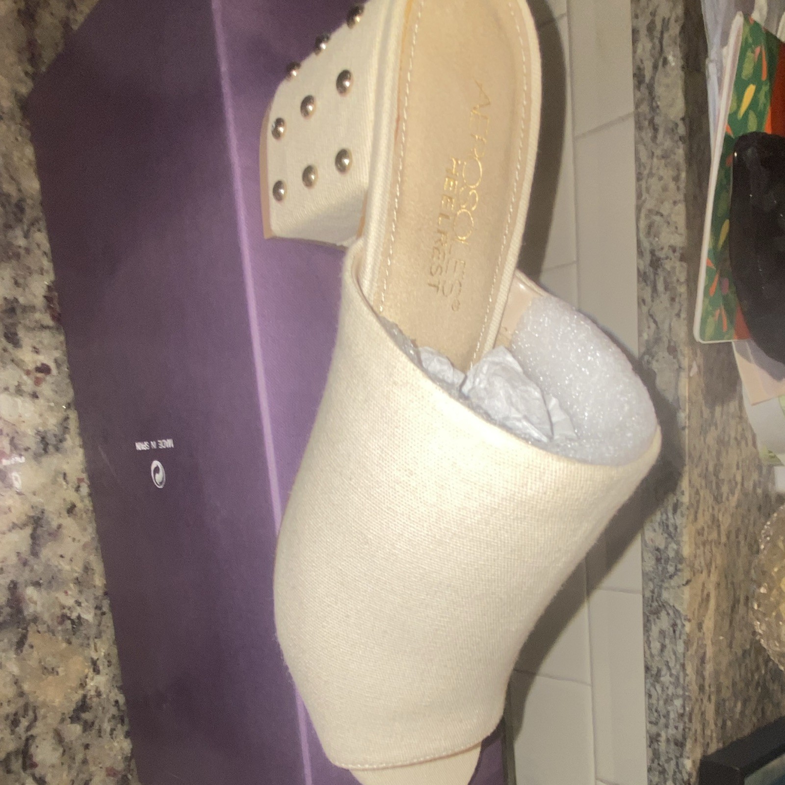 Aerosoles Beige Linen Blend Studded Mule Heels Slip-On Open Toe 8 M