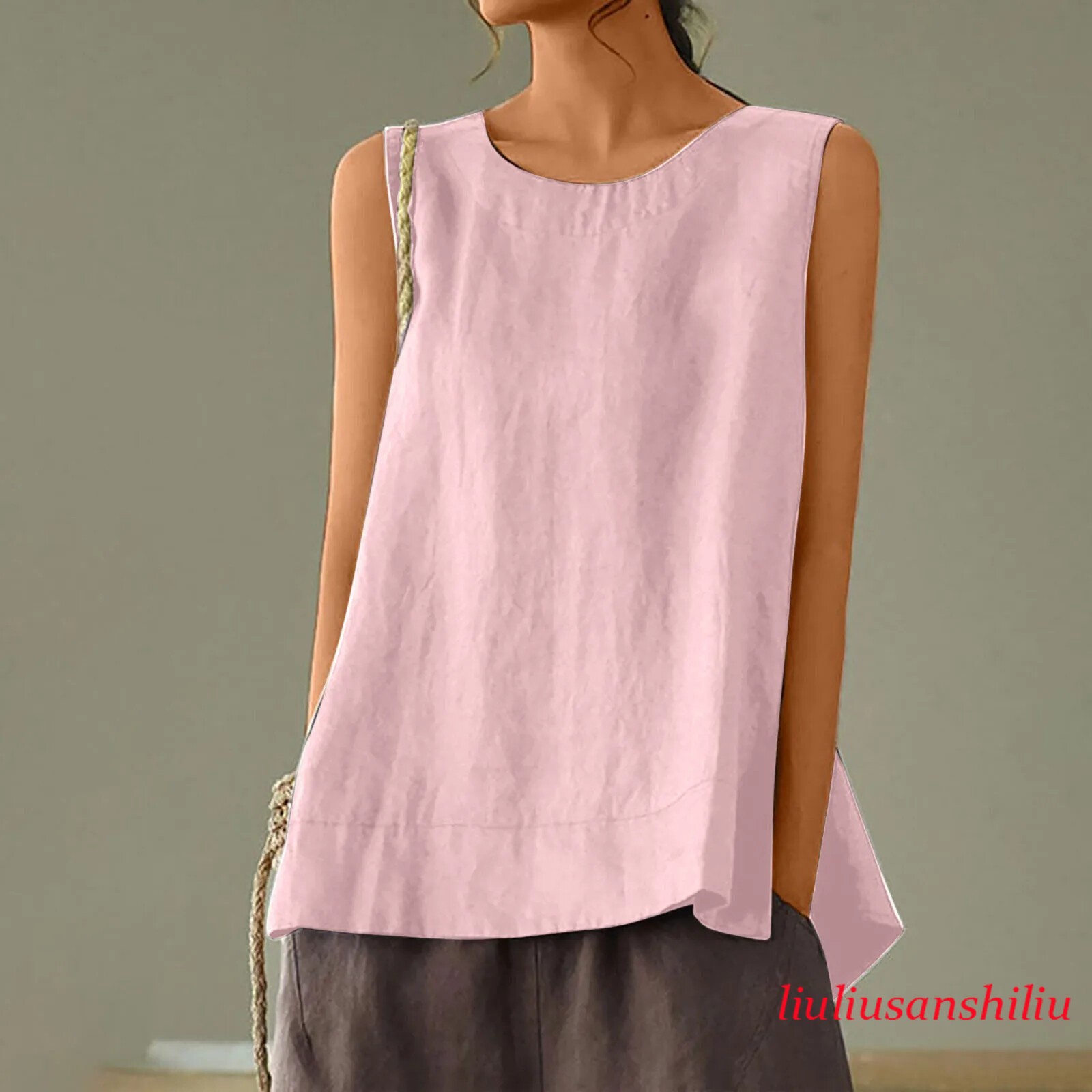 Solid Color Casual Cotton Linen Sleeveless Round Neck Soft and Breathable Top