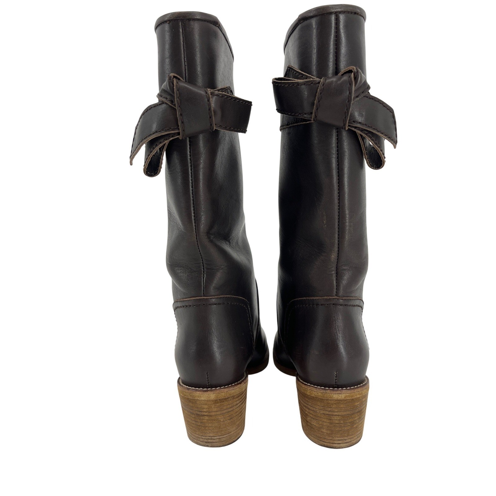 See by Chloe Tall Leather Boots Women 36 Dark Brown Good Bow Detail Block Heel
