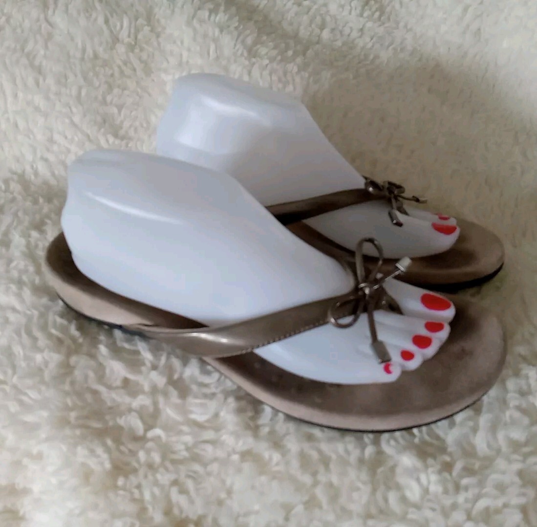 Vionic Bella II Toe Post Pewter Flip Flops Slip On Thongs Bow Womens Sz 10