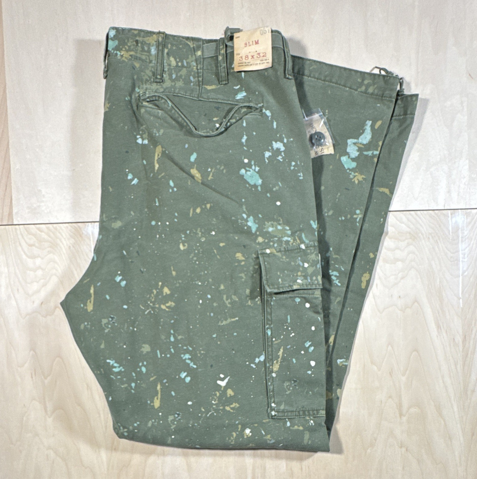 Denim & Supply Ralph Lauren Slim Cargo Pants Green Paint Splatter 38 x 32