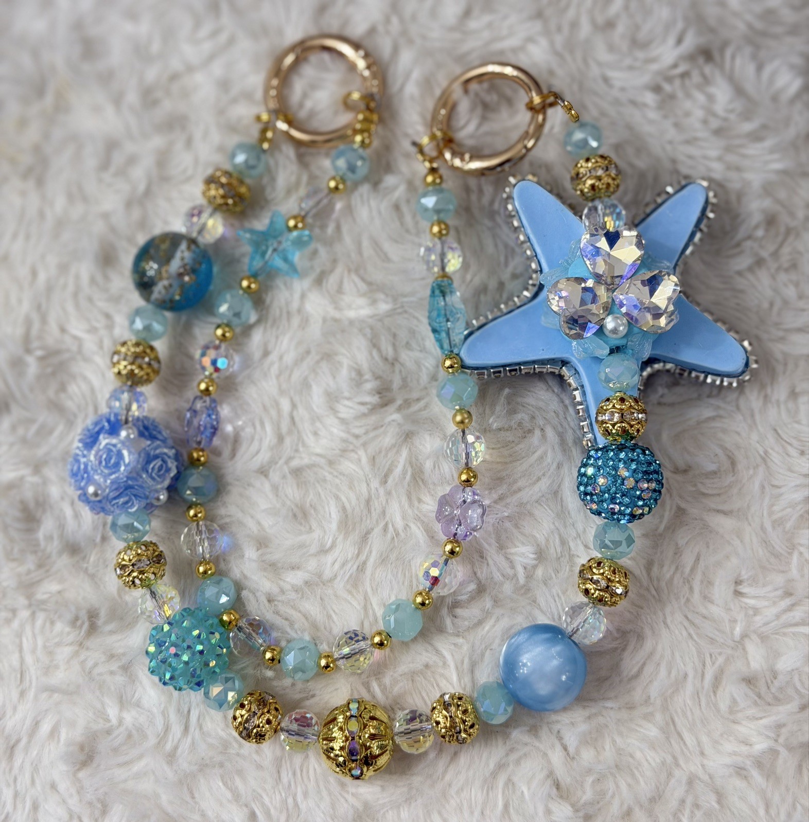 Crystal Light Blue and Gold Starfish Handbag and Keychain Charm