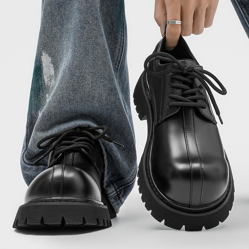 Men’s Retro Big Round Toe Business Derby Leather Shoes Thick Sole Brogues Gothic