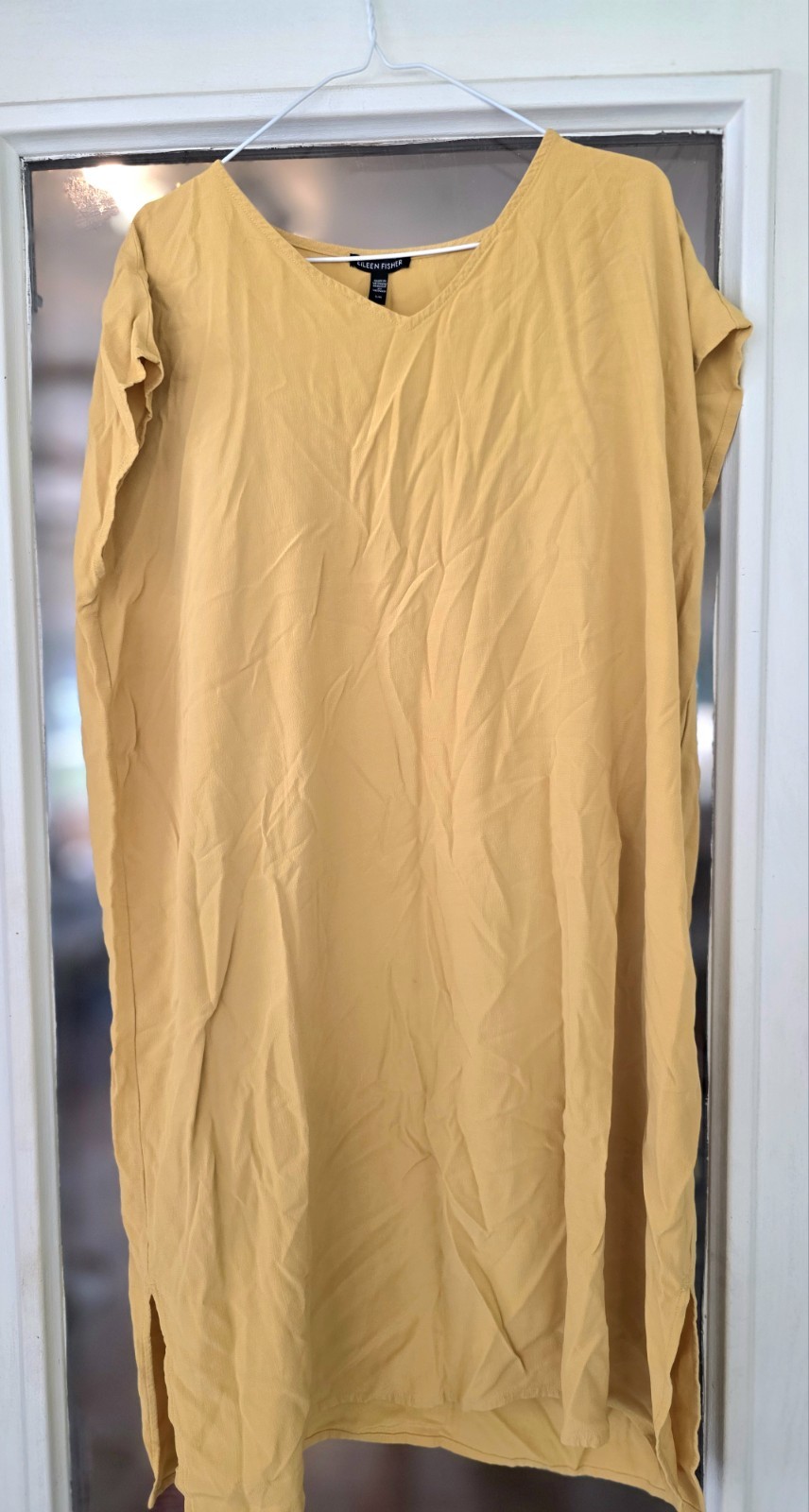 Eileen Fisher Women’s mustard Yellow V-Neck Short Sleeve Pullover dress Large