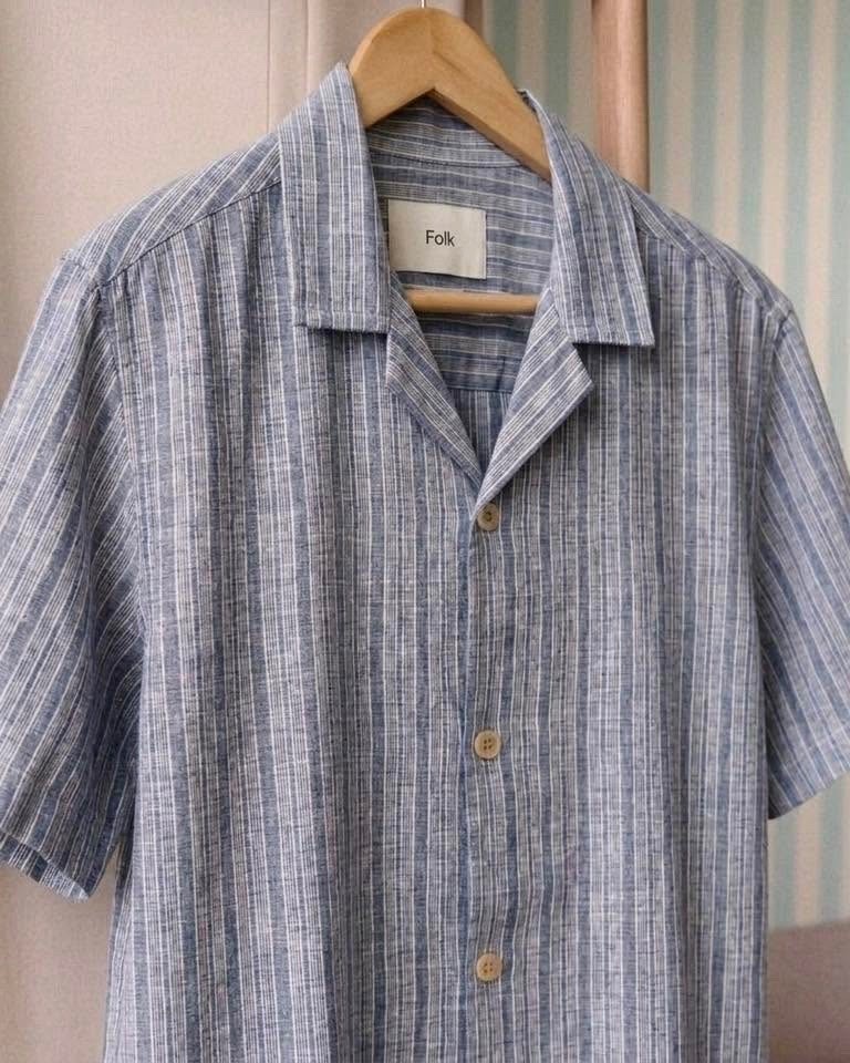 NWT $182 Mens FOLK Clothing Healey Linen & Cotton Blue Short Sleeve Shirt sz M