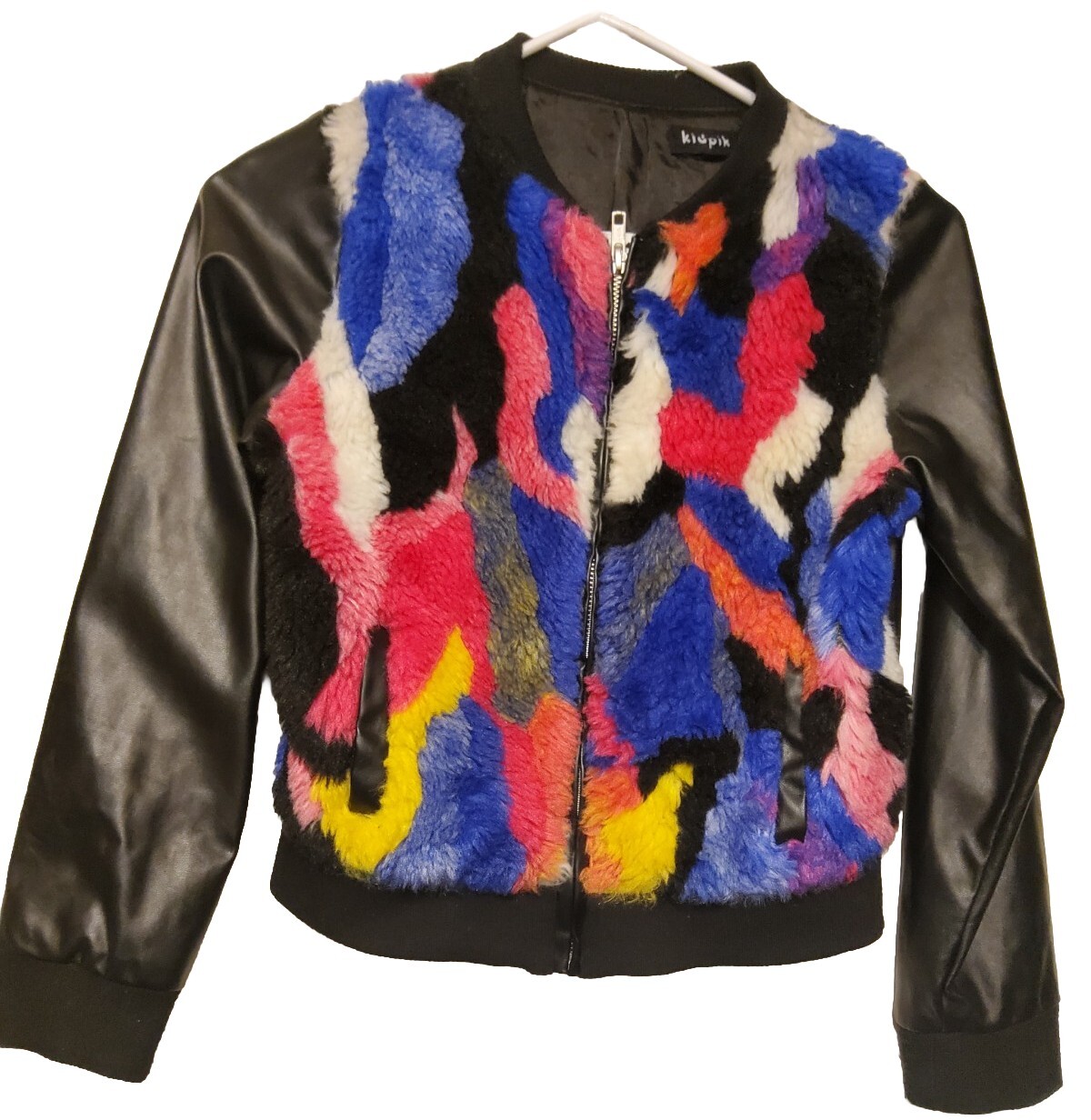 Kidpik Multi Color Faux Fur Faux Leather Lined Pocketed Jacket Girls sz L 12