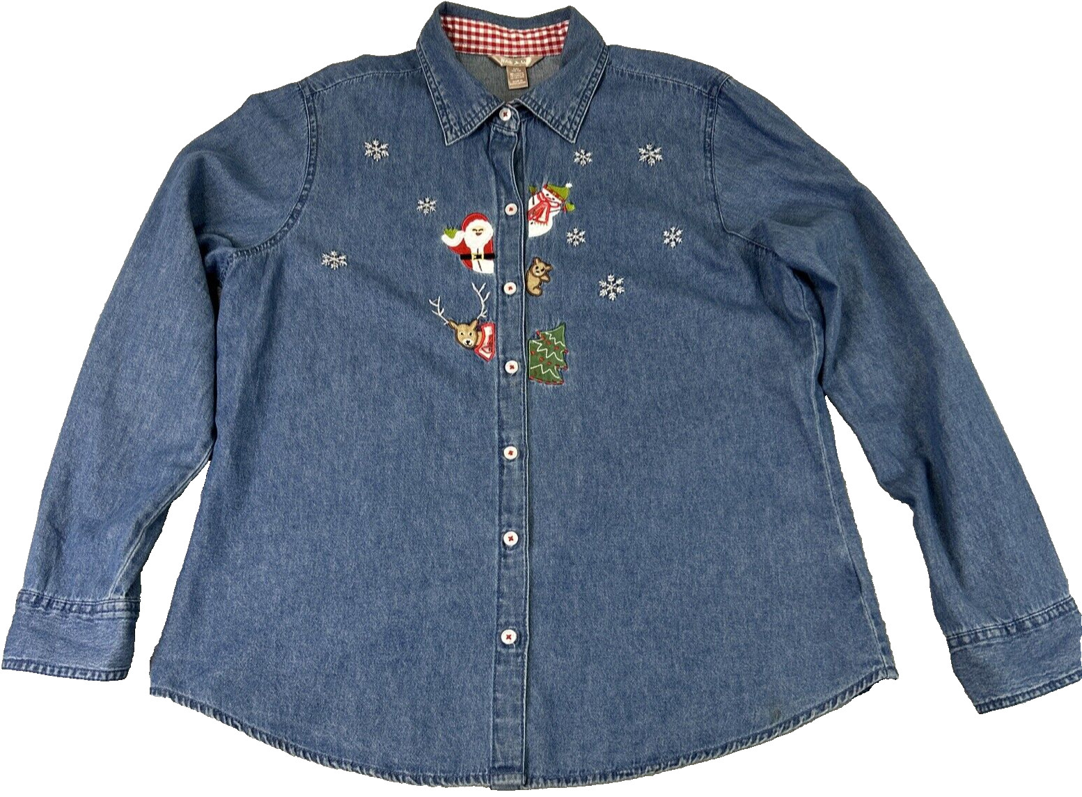 Christmas Chambray Shirt Women’s Large Holiday Santa Button Blouse White Stag