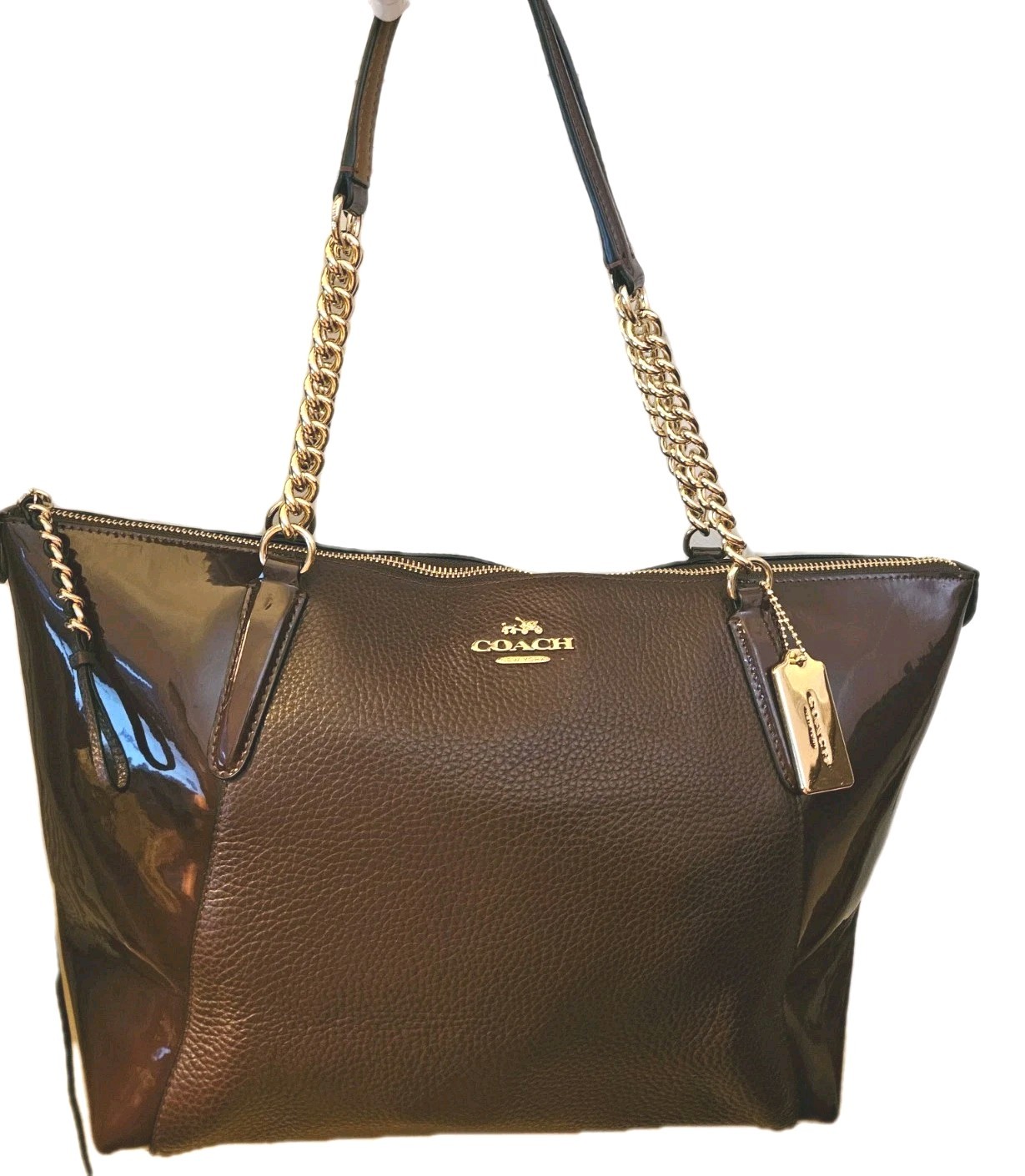 Coach Ava Burgundy Leather & Patent Leather Tote Gold Chain Velvet Interior New