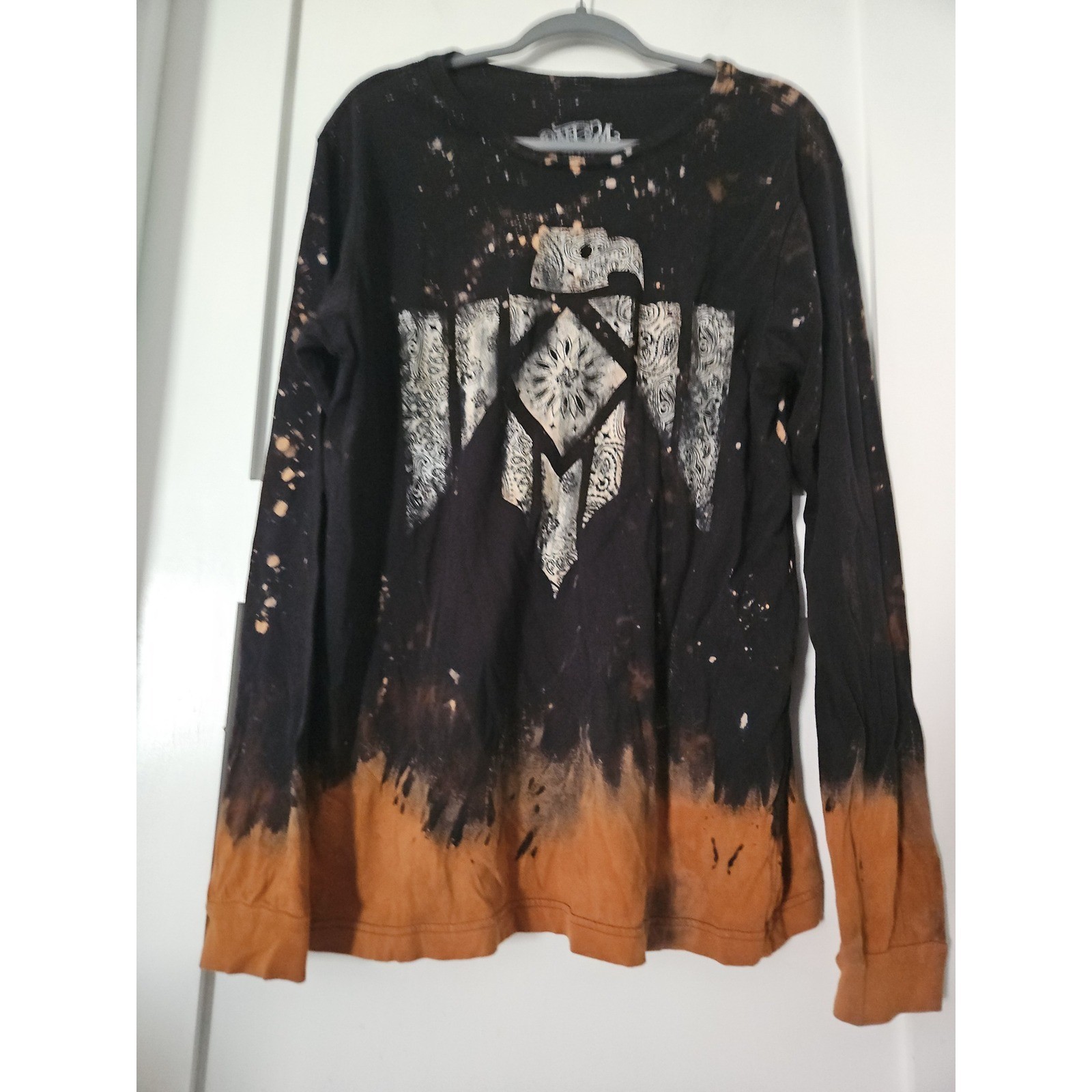 One24 Rags Bleached Thunderbird Graphic Tee Large Black Orange Acid Wash Grunge