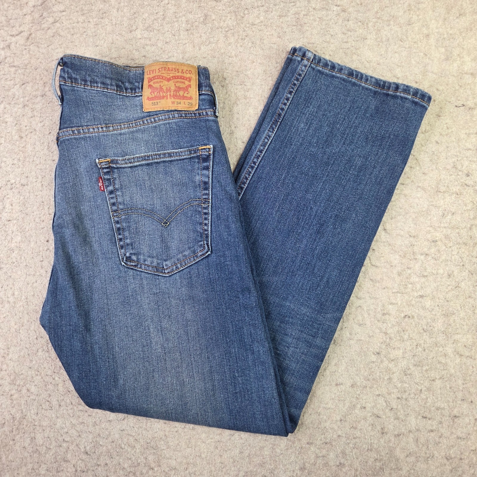 Levi’s 513 Slim Straight Jeans Mens 34×29 Medium Wash Stretch Casual Whi8skered
