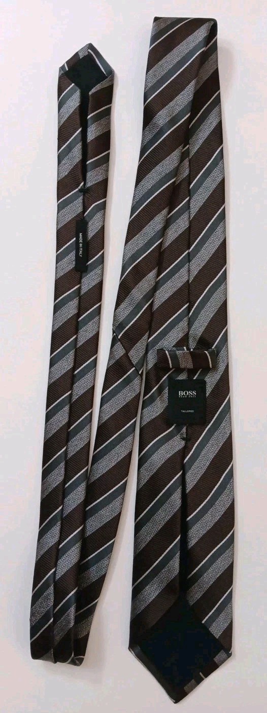 New 145+ Hugo Boss Men Silk Tie Made in Italy Striped Necktie Sz L 60″× W 3 1/8″